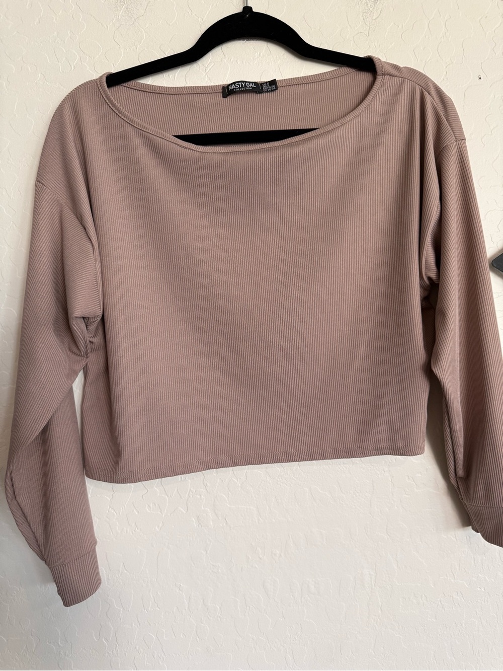 NASTY GAL Mauve/Taupe Ribbed Long-Sleeve Boat Neck Crop Top - 4